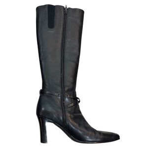 90s Black Leather Knee-High Boots Women’s 8.5 Snip Toe Side Zip Classic Retro